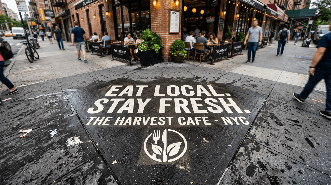 NYC restaurant sidewalk with freshly pressure-washed branding message — clean graffiti advertising by FreshFront