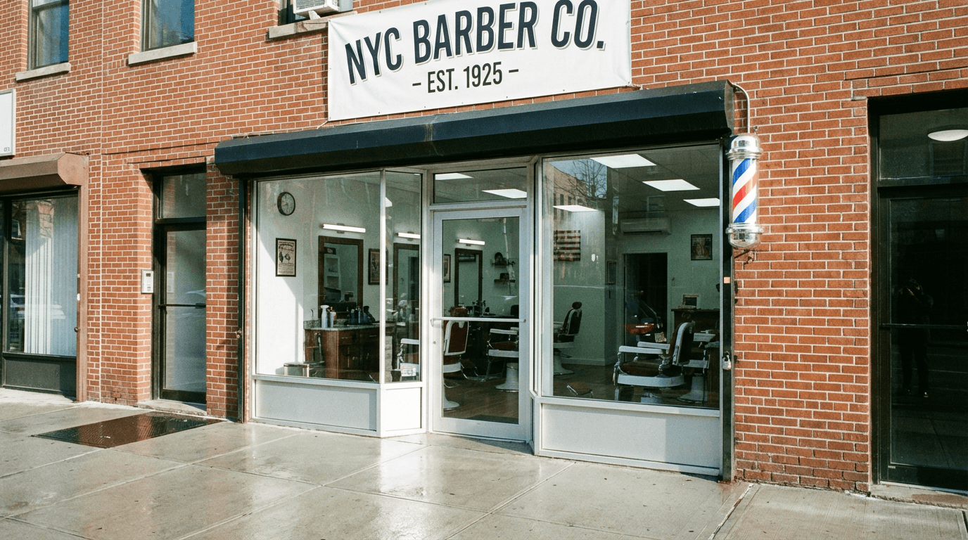 Gleaming clean NYC barbershop storefront with spotless windows, clean banner, and bright sidewalk after FreshFront cleaning
