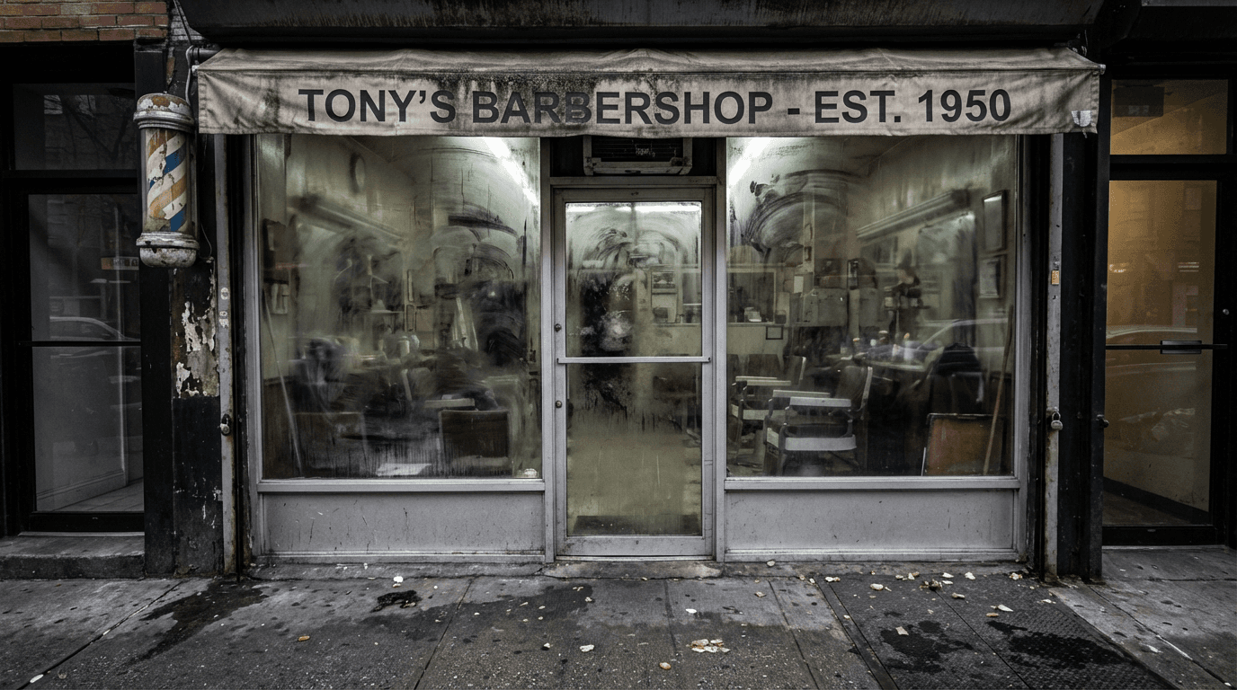 Neglected NYC barbershop storefront with smudged greasy glass, dirty windows, and stained sidewalk before FreshFront cleaning