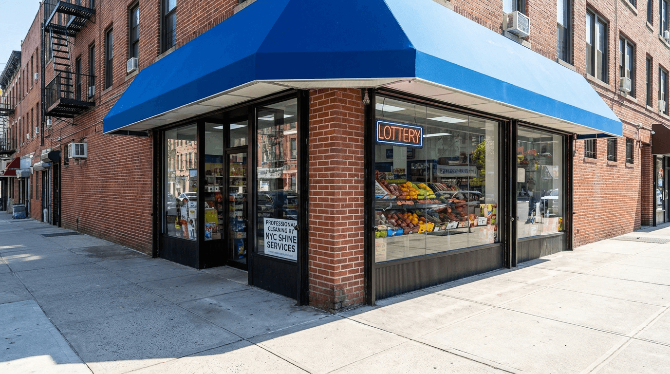 Sparkling clean NYC bodega storefront with gleaming windows, vibrant clean awning, and pristine sidewalk after FreshFront cleaning