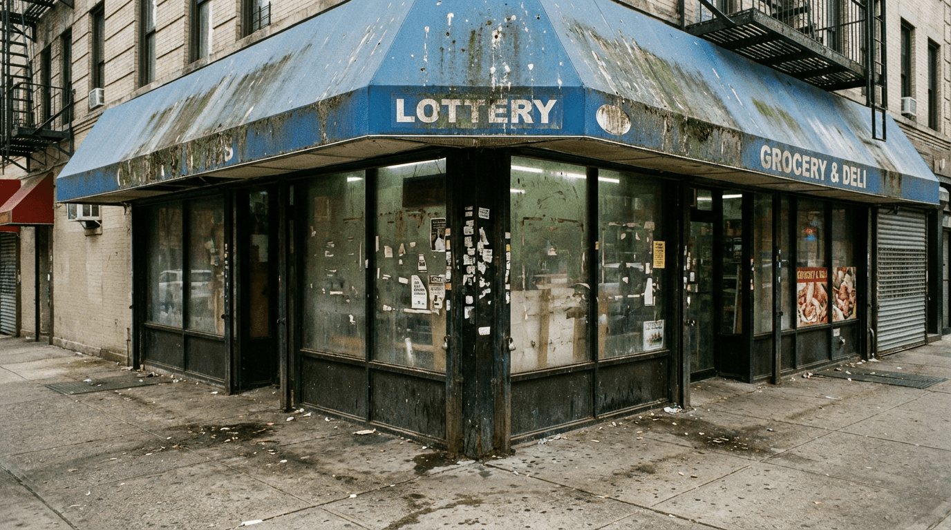 Grimy NYC bodega storefront with dirty awning, smudged display windows, and litter-covered sidewalk before FreshFront cleaning