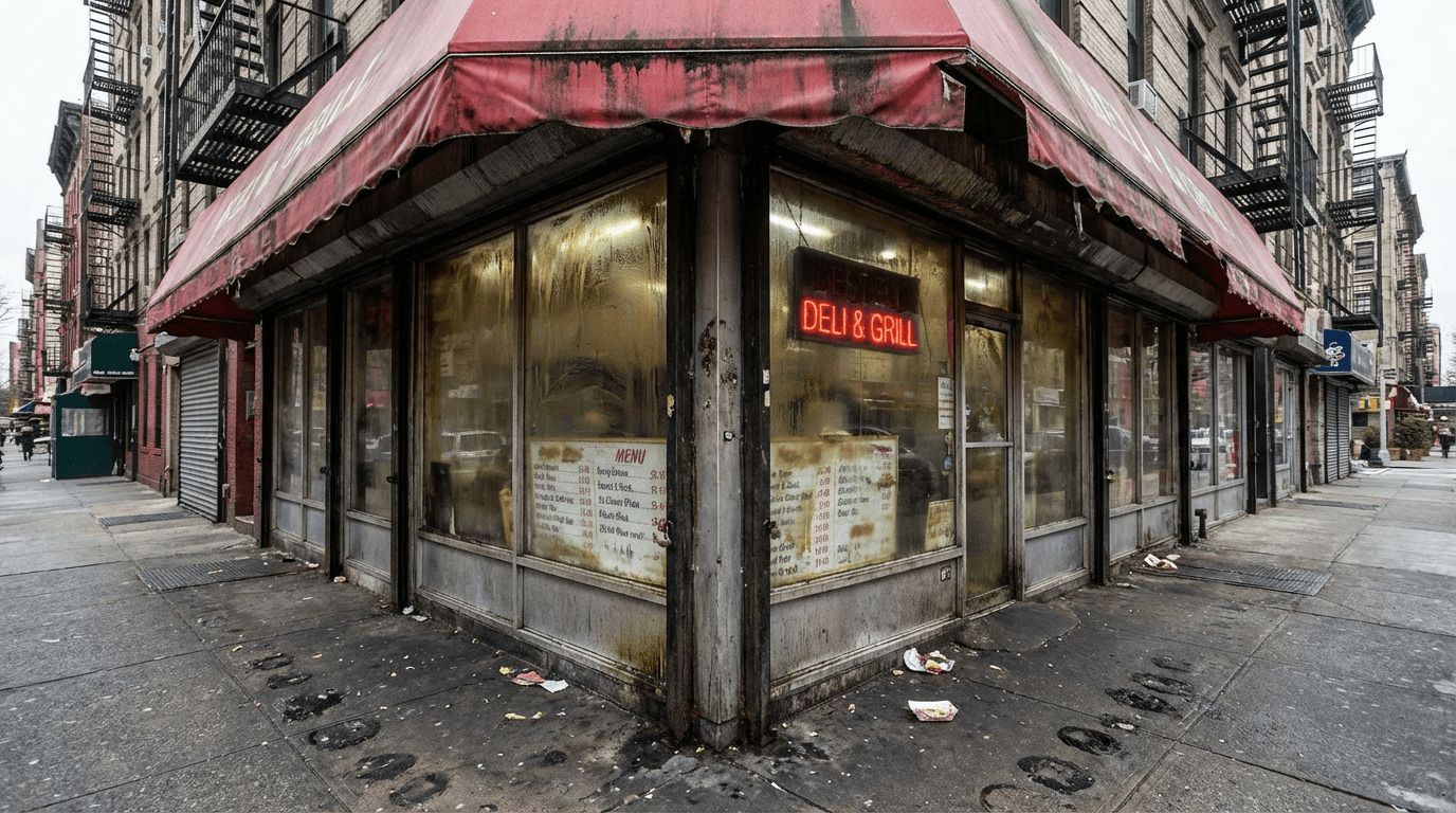 Dirty grimy NYC restaurant storefront with film-covered windows, stained awning, and dirty sidewalk before FreshFront cleaning